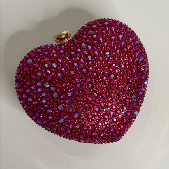 Ramla Amour Raspberry Pink Rhinestone Heart Clutch Evening Bag $189 New - Picture 7 of 8
